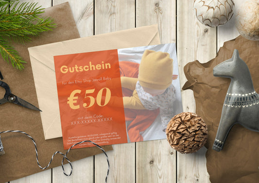 Geschenk-Gutschein digital für den Jawoll Baby Etsy Shop im Wert von 50 Euro, 25 Euro oder 10 Euro