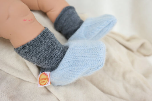 Warme Babyschuhe 3-6 / 6-12 M aus Upcycling Kaschmir & Wolle in Hellblau und Grau