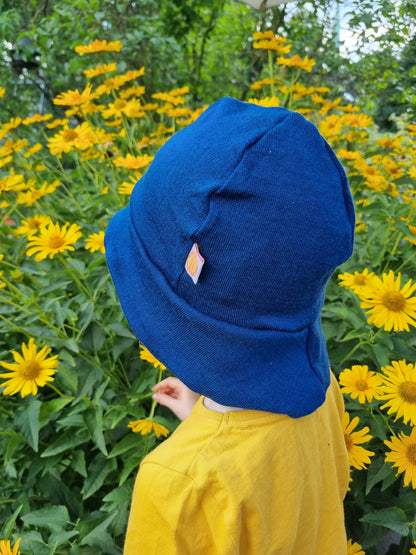 Sonnenhut Sommermütze Kleinkind KU 50-54 mit Nackenschutz aus Upcycling Merino-Wolle in Petrolblau